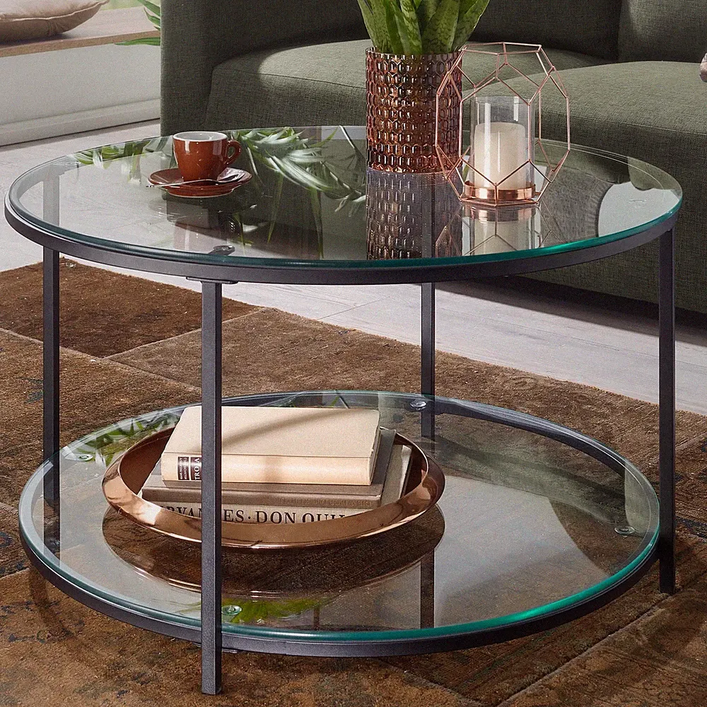 Couchtisch FineBuy Sofatisch Glas Wohnzimmertisch Ø 80 cm Rund Tisch Stauraum