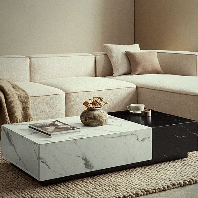Couchtisch FineBuy Sofatisch Weiß 120 cm Marmoroptik Wohnzimmertisch Schublade