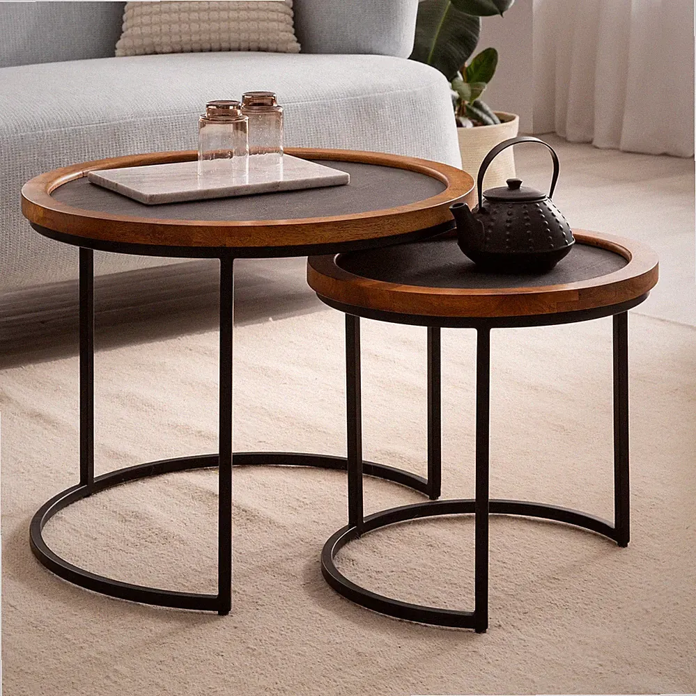 Couchtisch FineBuy Wohnzimmertisch 2er Set Rund Holz / Steinoptik Satztisch