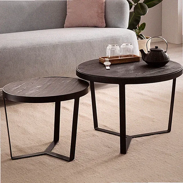 Couchtisch FineBuy Wohnzimmertisch 2er Set Rund Holz Steinoptik Tisch Schwarz