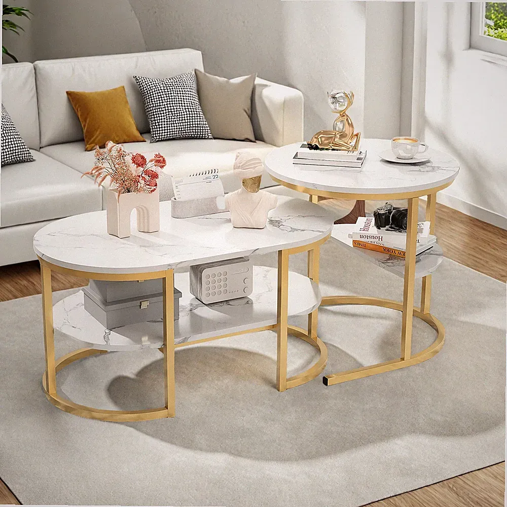 Couchtisch für Wohnzimmer Tisch Wohnzimmertisch 2er Set Marmoriert Gold + Weiß