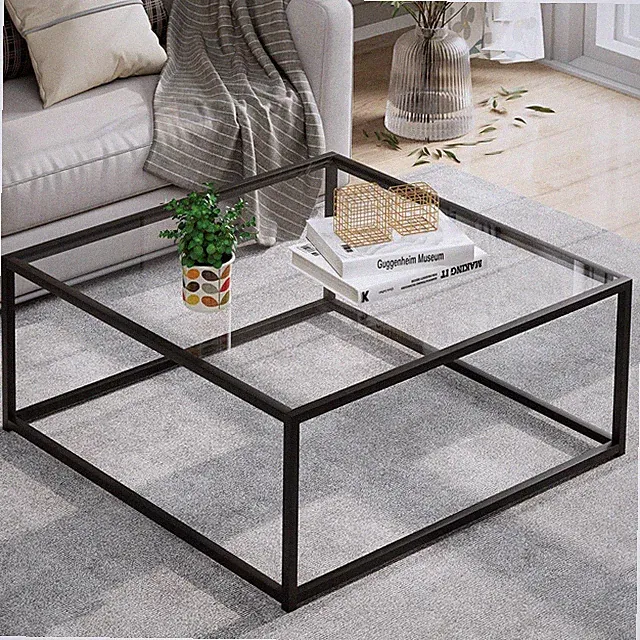 Couchtisch Glas Schwarz, Quadratischer Wohnzimmertisch, Beistelltisch mit Met...