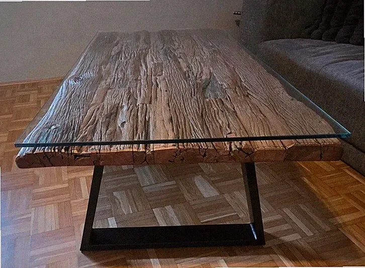 Couchtisch Glasplatte Massivholz Recycling-Holz modern rechteckig 130x70x45