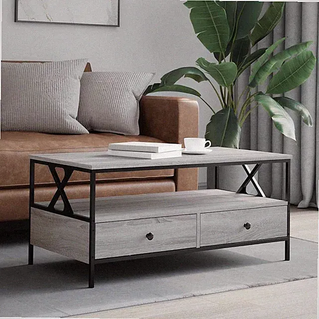 Couchtisch Grau Sonoma 100x51x45 cm. Engineered Wood Modern 2 Schubladen 1 Regal