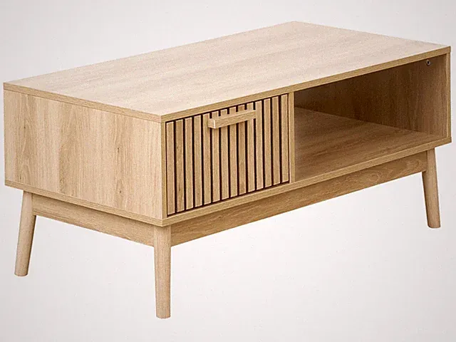 Couchtisch heller Holzfarbton Lamellen-Optik mit Schublade Ablagefach Lynwood