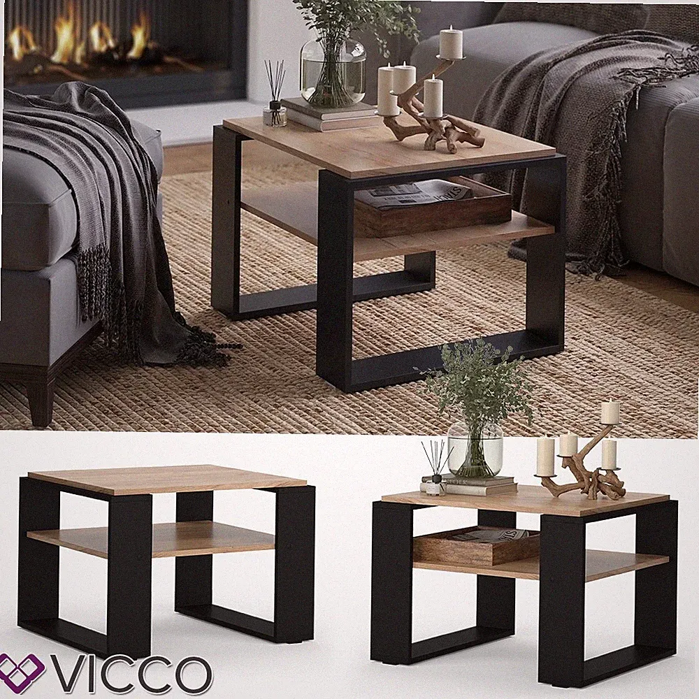 Couchtisch Helm Eiche Schwarz 65,6 x 46,2 cm mit Ablage Vicco
