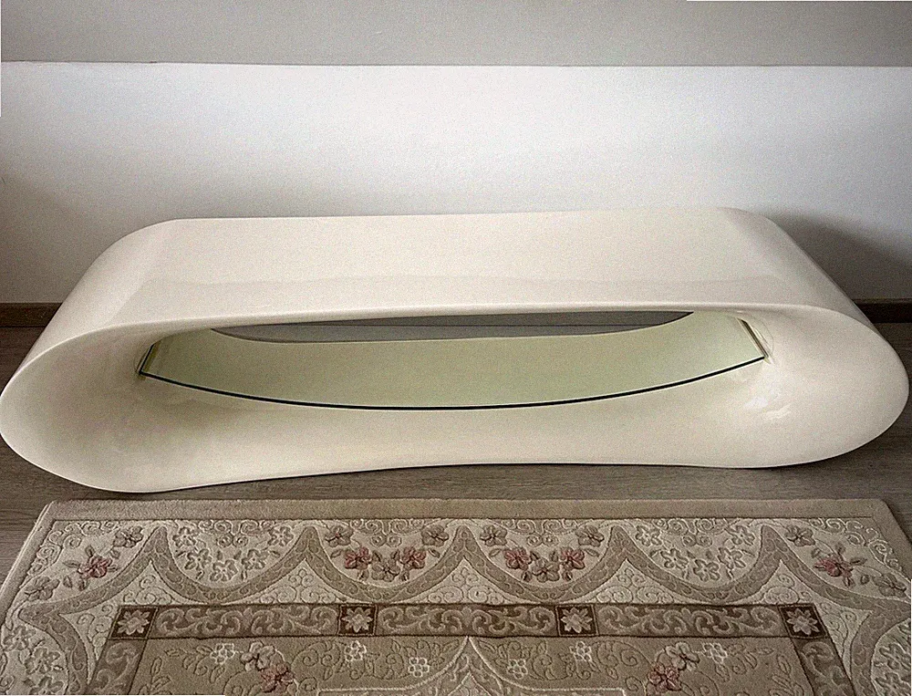 Couchtisch hochglänzend Weiß mit Glasplatte, modern, 161x43x40 cm