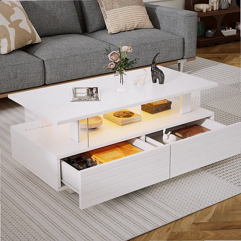 Couchtisch Hochglanz Kaffeetisch mit 2 Schublade LED Beleuchtung Wohnzimmertisch