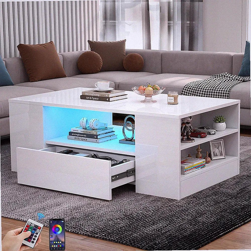 Couchtisch, Hochglanz Wohnzimmer Beistelltisch mit 2 Schubladen LED-Beleuchtung