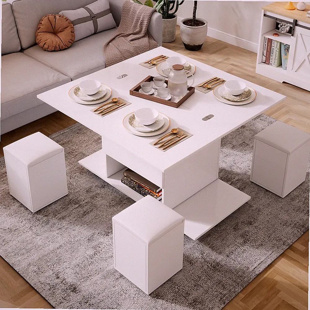 Couchtisch höhenverstellbar 100cm Weiß 4 Hocker Stauraum Rollen Lift-Top Set