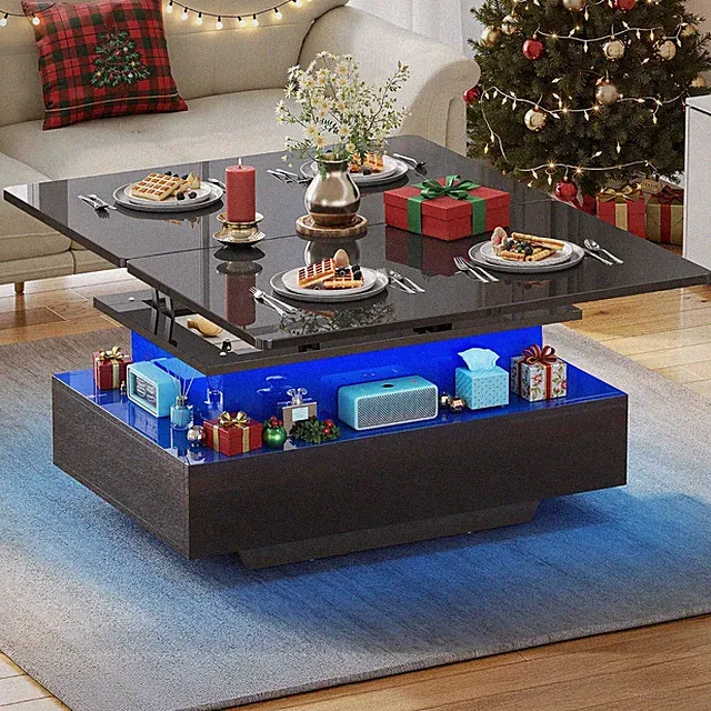 Couchtisch Höhenverstellbar mit LED, 2 Schubladen und Verstecktem Staura