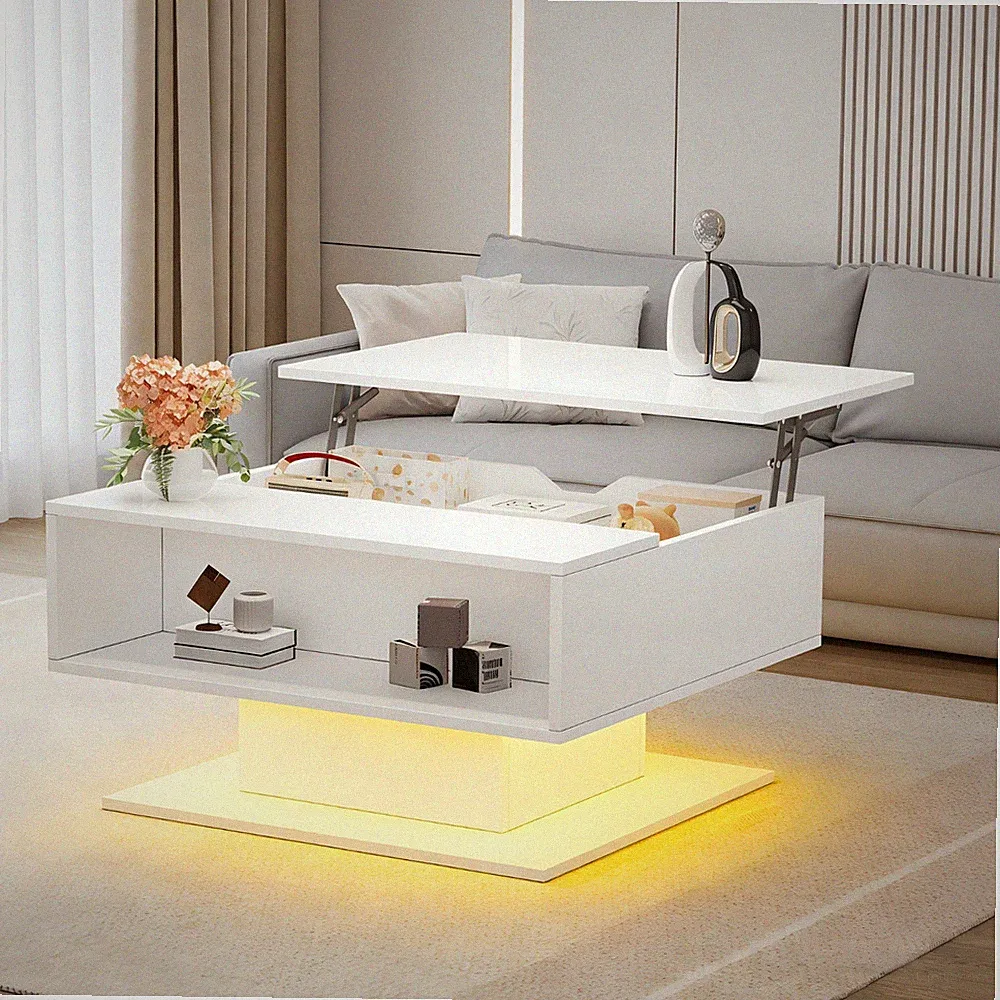 Couchtisch höhenverstellbarer Wohnzimmertisch Kaffeetisch m/ LED Licht Hochglanz