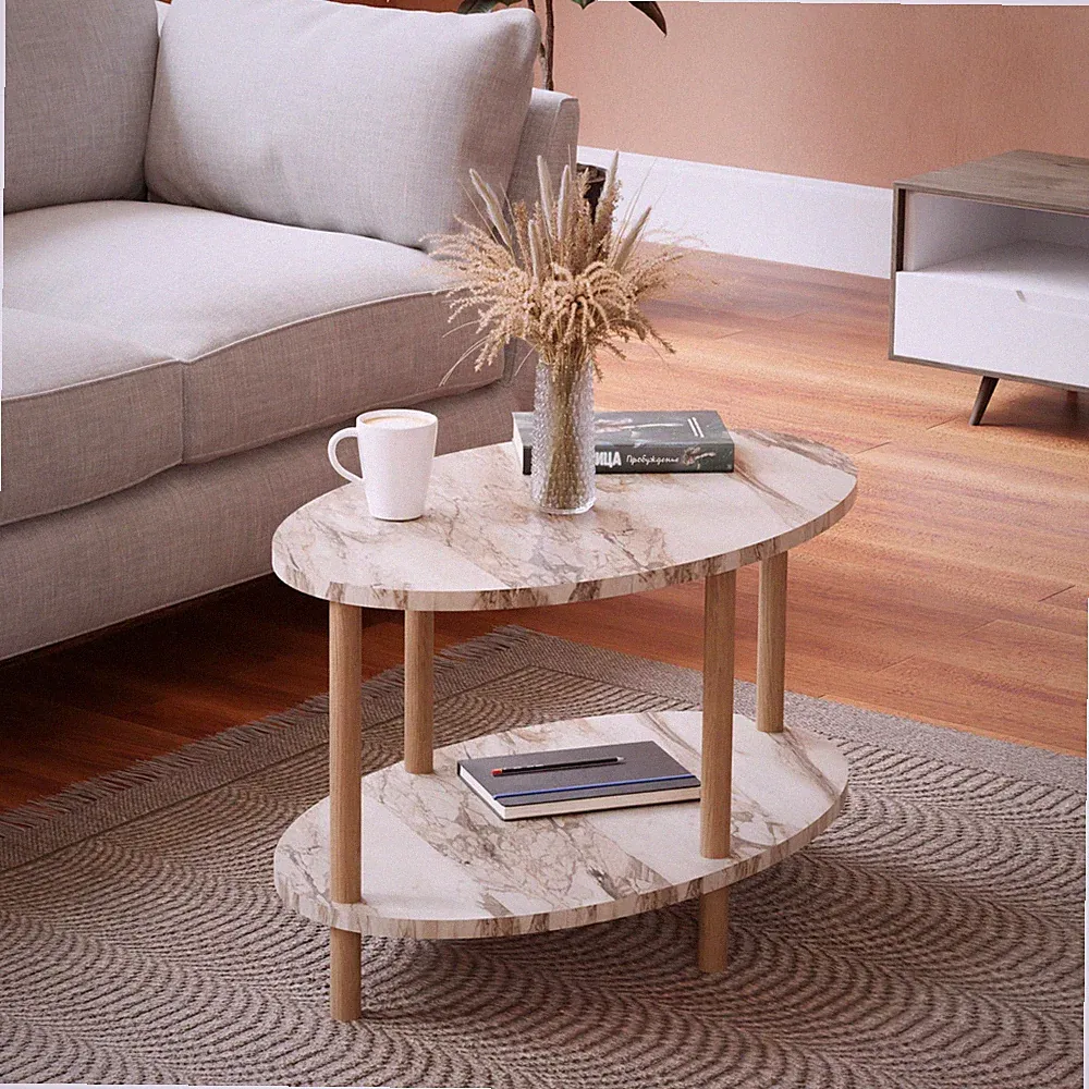 Couchtisch Højreby mit unterer Ablage 43 x 70 x 44 cm Oval Marmor, creme [en.cas