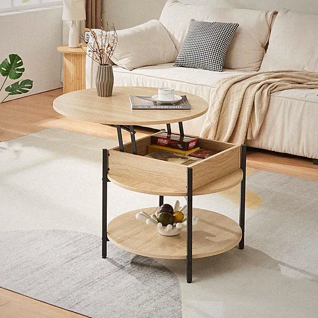 Couchtisch 'Kandas' mit Hebeplatte rund 70 x 49 cm Stahlgestell Eicheoptik