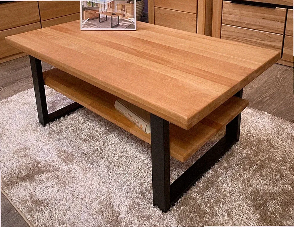 Couchtisch Kernbuche Massiv geölt 115x65cm Metallgestell schwarz Tisch