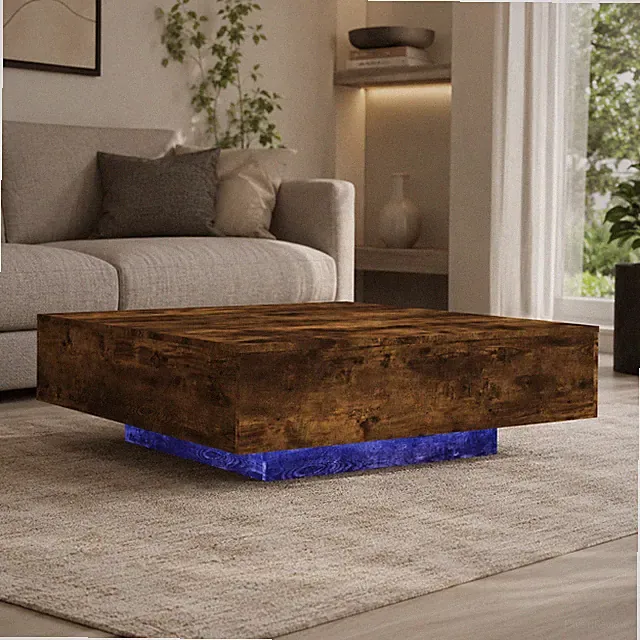 Couchtisch LED Wohnzimmertisch Sofatisch Beistelltisch Räuchereiche Stauraum