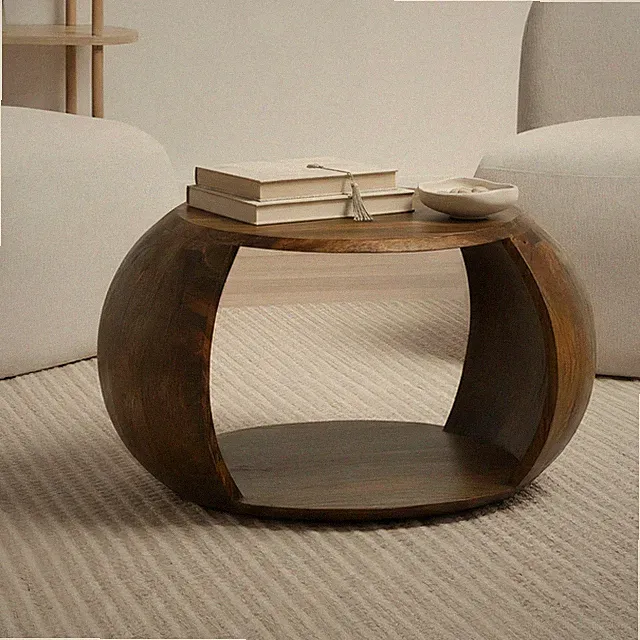 Couchtisch Mango Massivholz rund 60 cm Wohnzimmertisch Ablagefach Landhaus