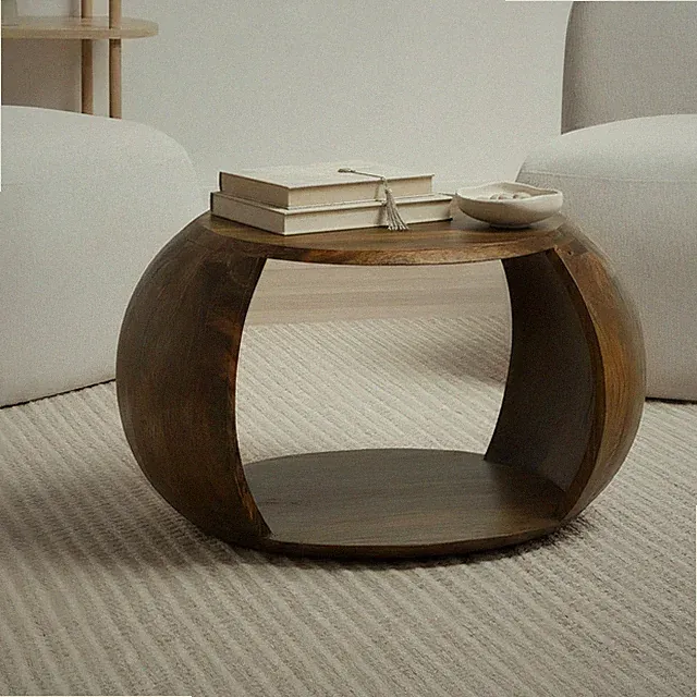 Couchtisch Mango Massivholz rund 60 cm Wohnzimmertisch Ablagefach Landhaus