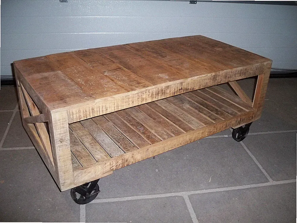 Couchtisch Mangoholz auf Metall - Rollen Shabby Chic Antikfinish Gutmann