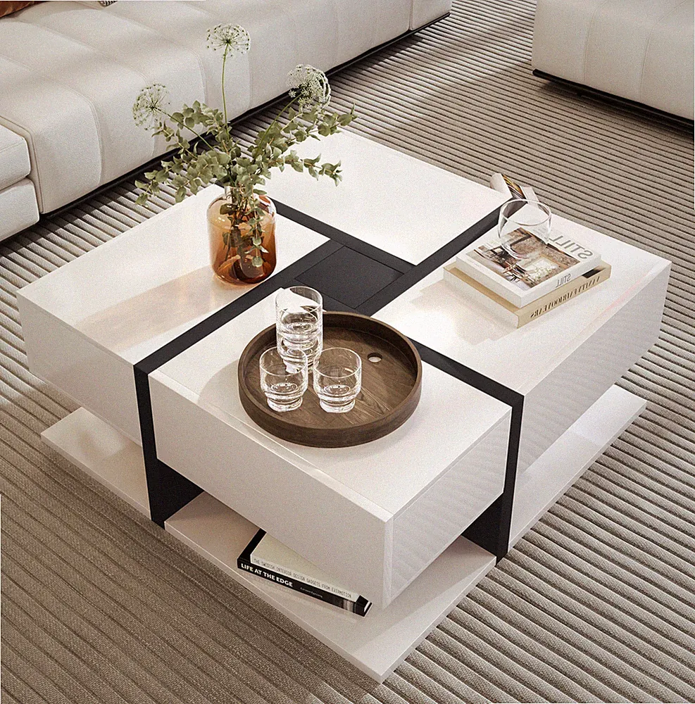 Couchtisch mit 4 Schubladen Modern Wohnzimmer Hochglanz Quadratisch Kaffeetisch