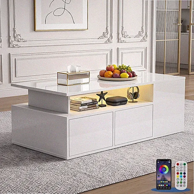 Couchtisch mit LED Beleuchtung 2 Schubladen Hochglanz 100*50*35cm Sofatisch