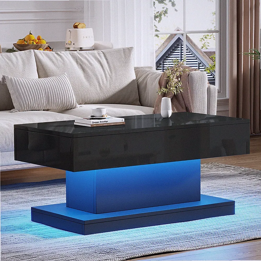 Couchtisch mit LED Beleuchtung & 2 Schubladen Hochglanz Schwarz Wohnzimmertisch