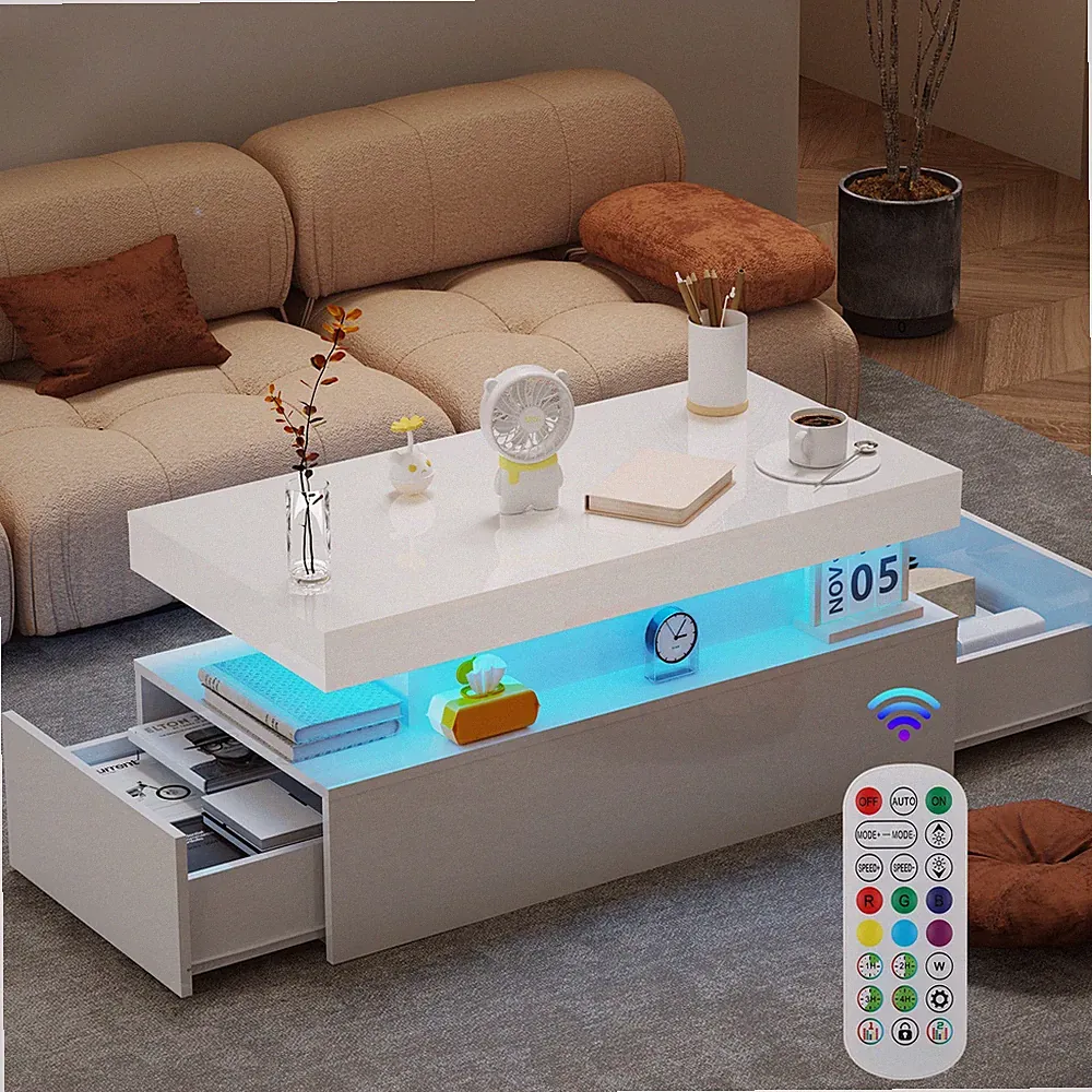Couchtisch mit LED Leuchte Kaffeetisch Wohnzimmer Sofatisch mit Stauraum Weiß