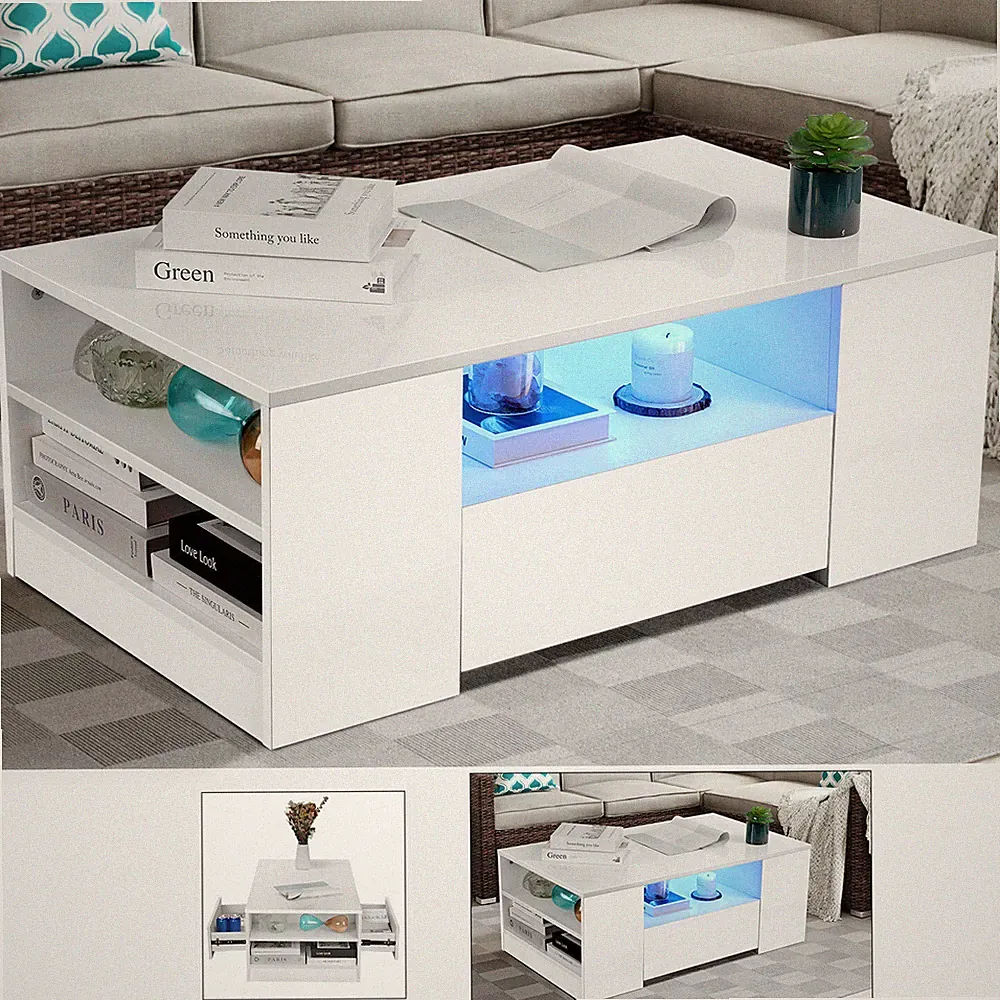 Couchtisch mit Schubladen RGB LED Modernes Wohnzimmer Hochglanz Weiß aus Holz DE