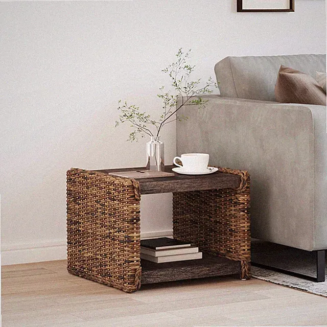 Couchtisch natur 45x45x45 cm massiv Mahagoni Holz mit Rattan Regal Ablage