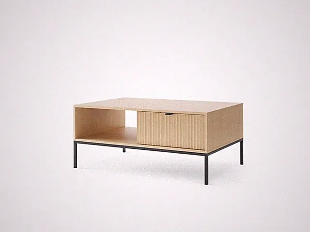 Couchtisch NOVA L104 – Eiche Vincenza, Lamellenoptik, Metallgestell, Schublade