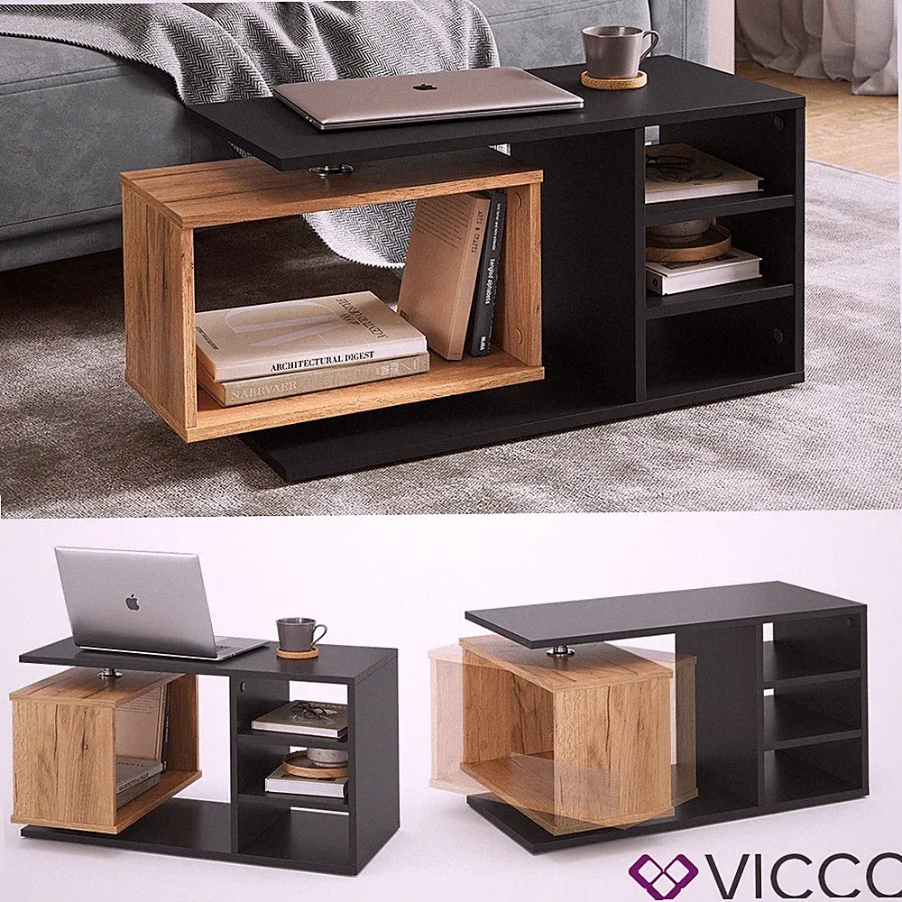Couchtisch Rafi, 88x40x35cm, Schwarz, Wohnzimmertisch mit drehbahrem Fach Vicco