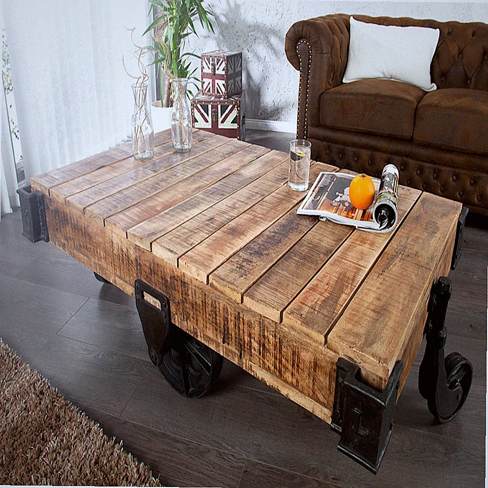 Couchtisch RAILWAY Massivholz mit 4 Rädern Wohnzimmertisch Beistelltisch