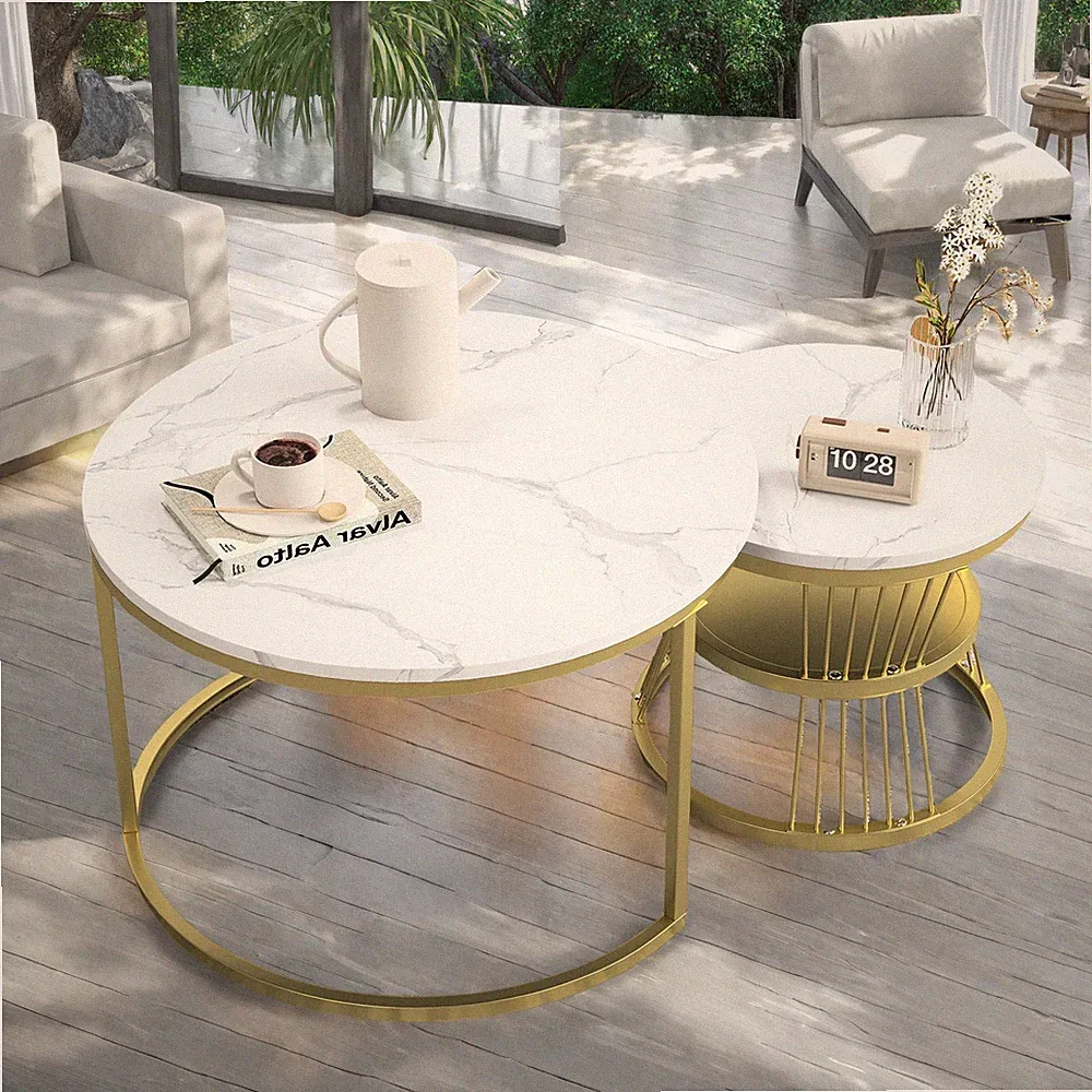 Couchtisch Rund 2er-Set,Beistelltisch für das Wohnzimmer,Marmor-Design,Weiß/Gold