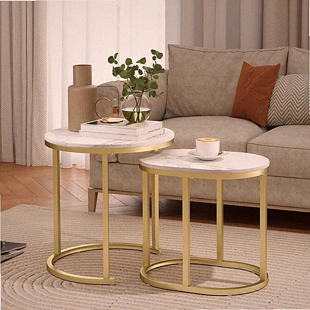 Couchtisch rund 2er Set Stapelbarer Beistelltisch mit Stahlrahmen Refurbished
