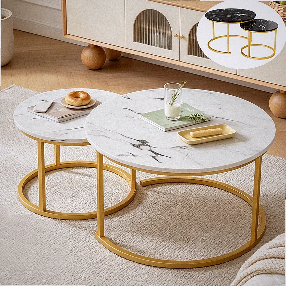 Couchtisch rund 2er Set Stapelbarer Wohnzimmertisch Marmor Optik Beistelltisch