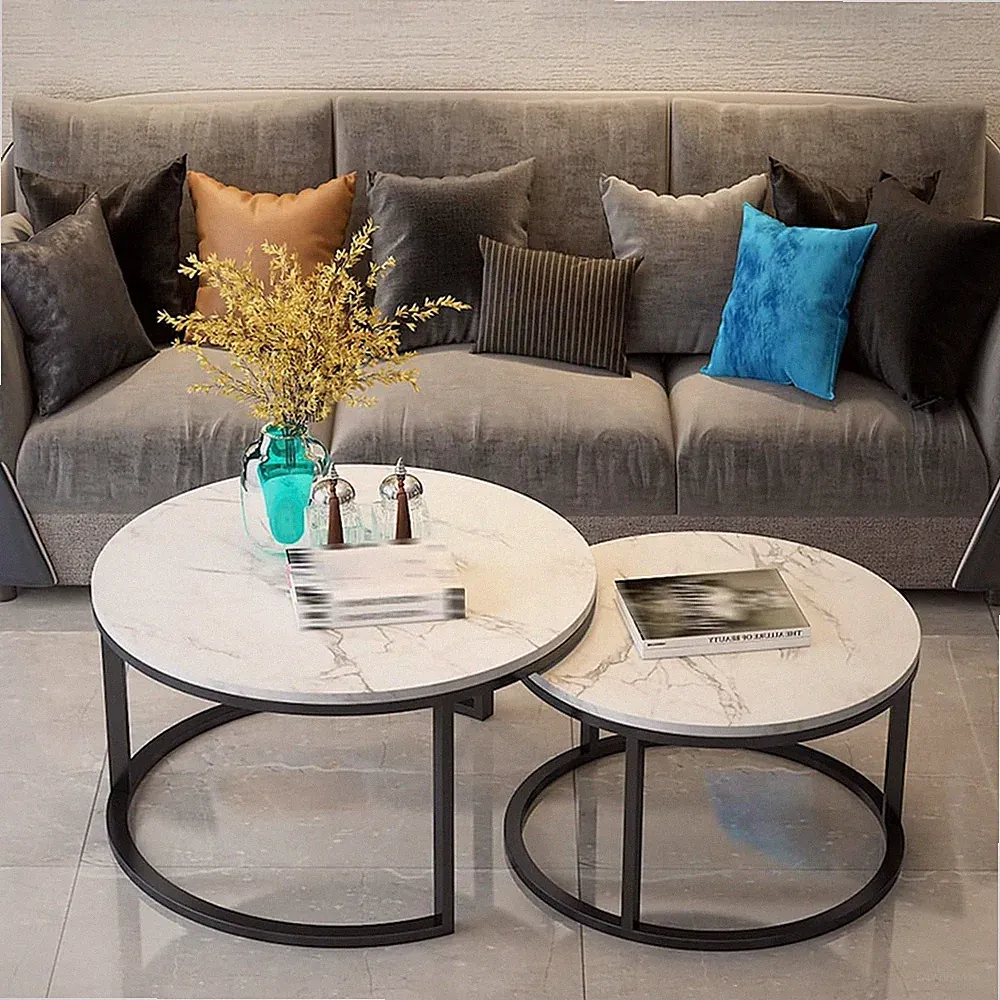 Couchtisch rund 2er Set Stapelbarer Wohnzimmertisch Marmor Optik Beistelltisch