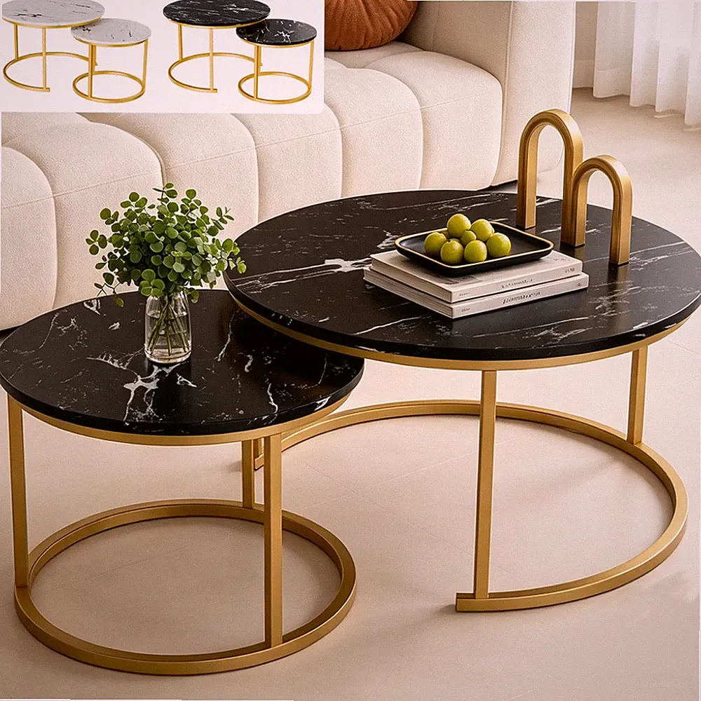 Couchtisch rund 2er Set Stapelbarer Wohnzimmertisch mit Holzoptik Neu