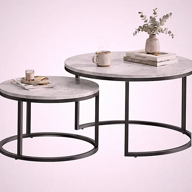 Couchtisch rund 2er Set Stapelbarer Wohnzimmertisch mit Marmoroptik Grau