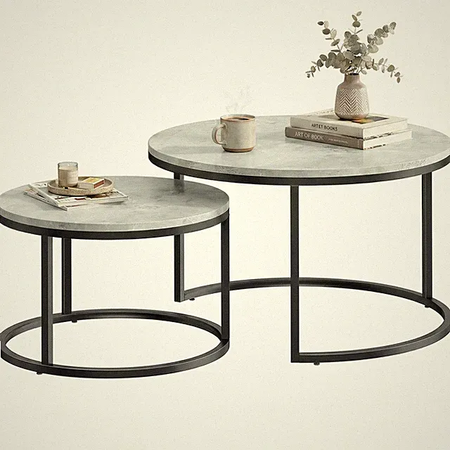 Couchtisch rund 2er Set Stapelbarer Wohnzimmertisch mit Marmoroptik Refurbished