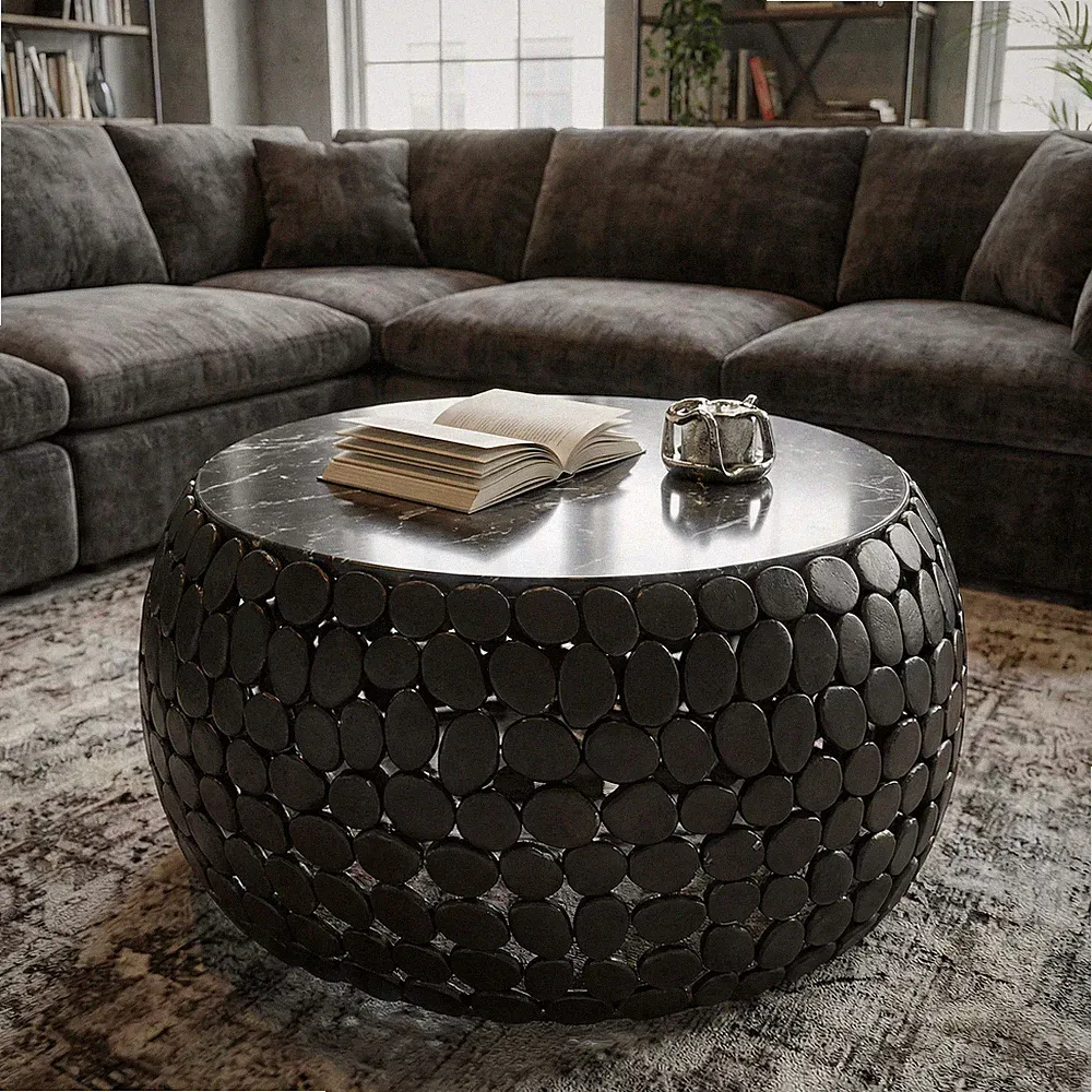 Couchtisch rund 65cm Sofatisch Aluminium schwarz Metall Marmor Wohnzimmertisch
