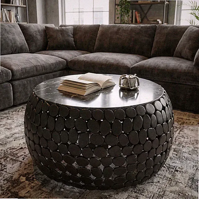 Couchtisch rund 65cm Sofatisch Aluminium schwarz Metall Marmor Wohnzimmertisch