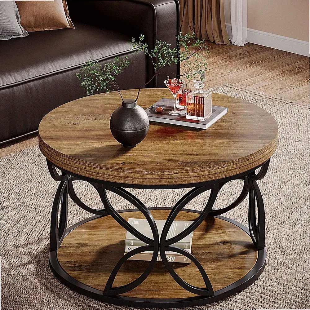 Couchtisch Rund 80 cm mit Stauraum, 2 Ebenen Runder Couchtisch für Wohnzimmer