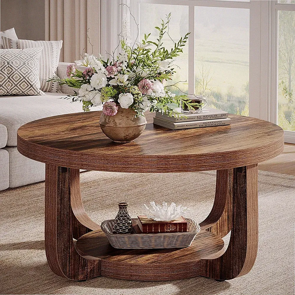 Couchtisch Rund 80cm, Wohnzimmertisch aus Holz mit Zweistufiger Aufbewahrung