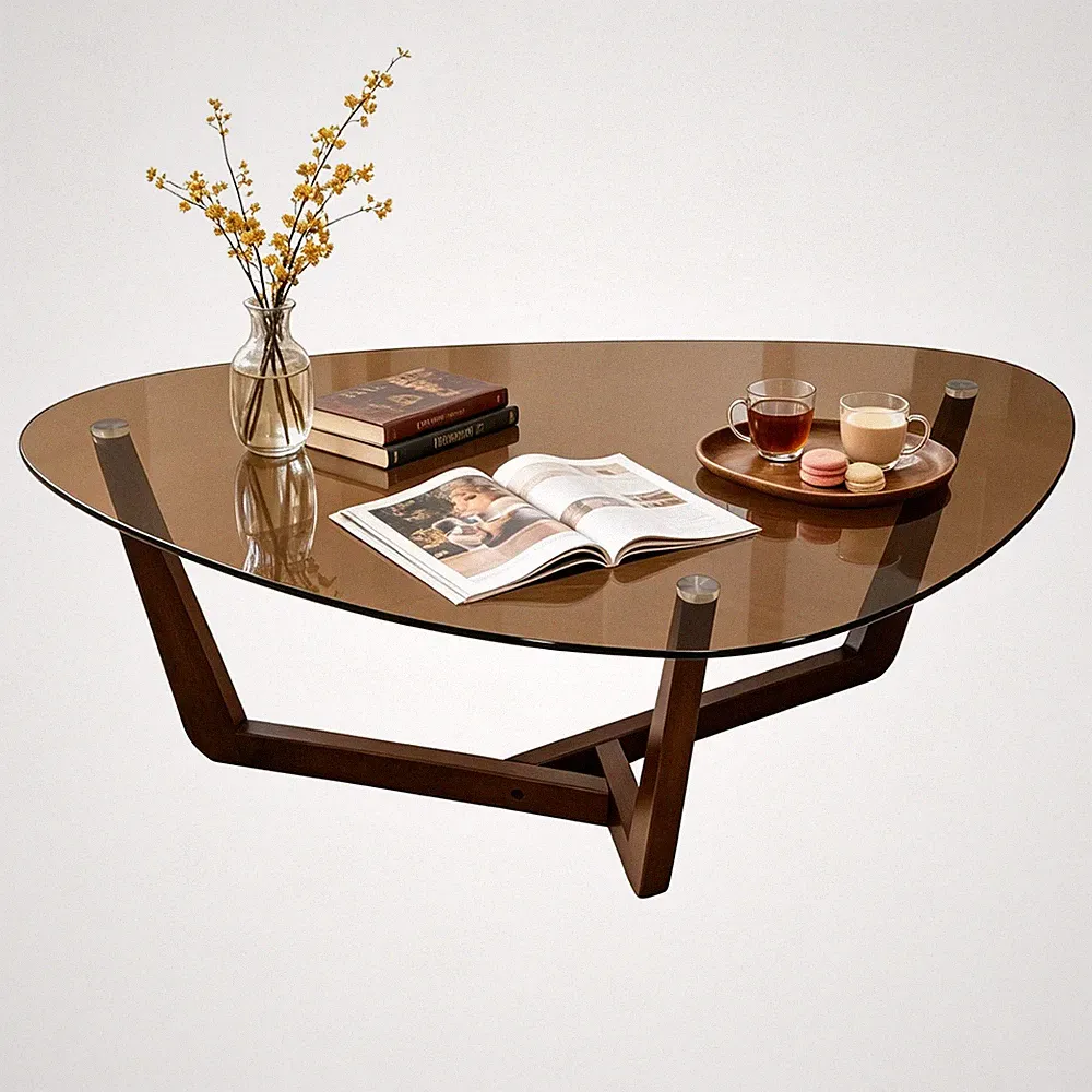 Couchtisch Rund Glas Wohnzimmertisch Kaffeetisch Sofatisch Holz Beine Glasplatte