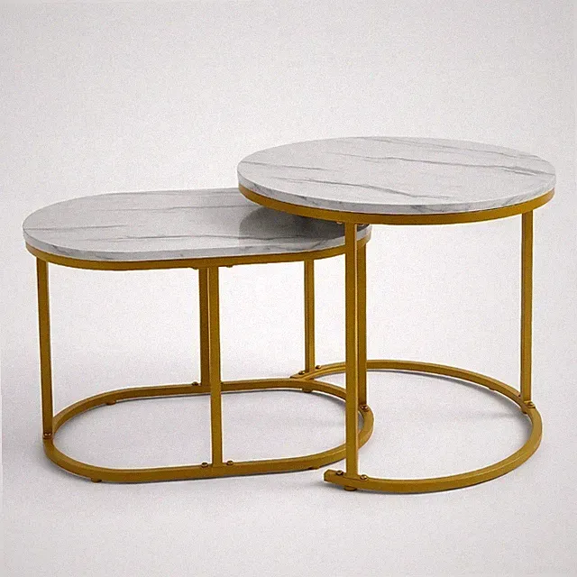 Couchtisch Rund & Oval, 2er Set Satztisch MarmorOptik, Gold für Wohnzimmer