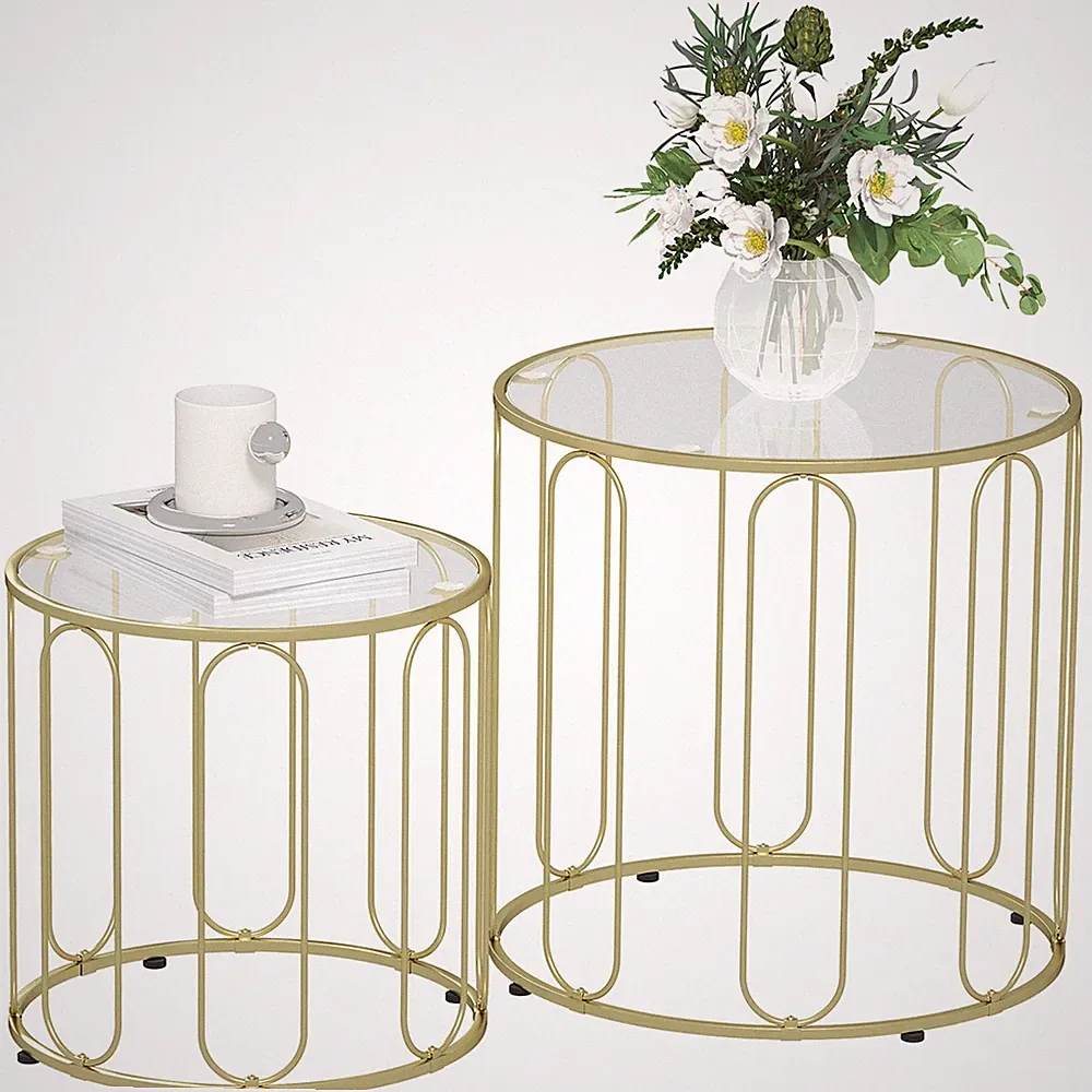 Couchtisch rund Stapelbar 2er Set Beistelltisch mit geometrischem Metallrahmen