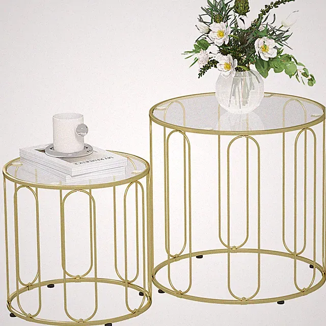 Couchtisch rund Stapelbar 2er Set Beistelltisch mit geometrischem Metallrahmen