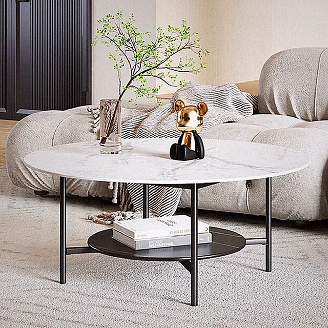 Couchtisch Rund Wohnzimmertisch Sofatisch Luxus echter Marmor Weiß Ø80cm Metall