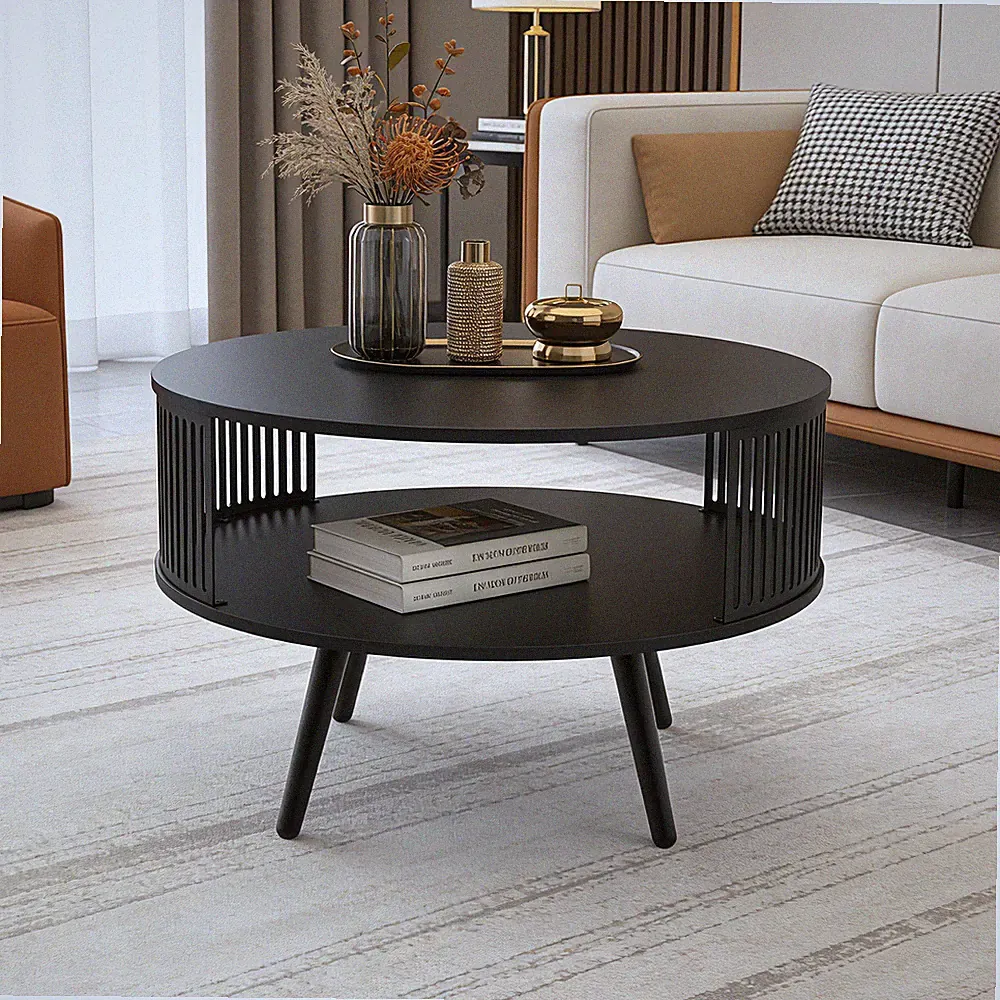 Couchtisch Runder Couchtisch mit Ablage, Metall Wohnzimmertisch Ø75 cm 2-Etagen