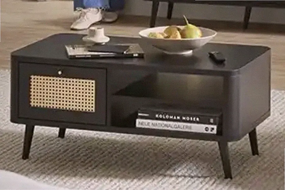 Couchtisch schwarz matt 90x50cm, 1 Schublade, 2 Fächer, Wiener Geflecht